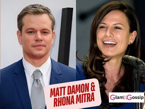 Matt Damon posing next to Rhona Mitra