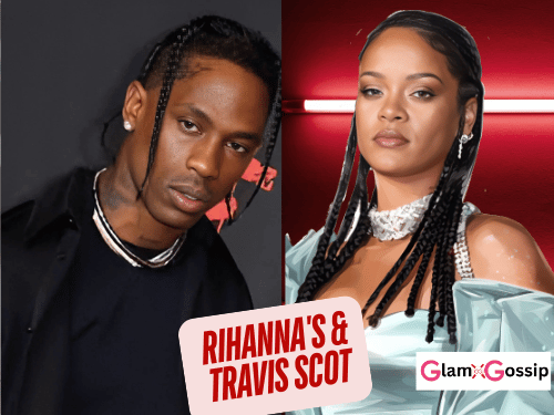 Rihanna standing beside Travis Scott at a party